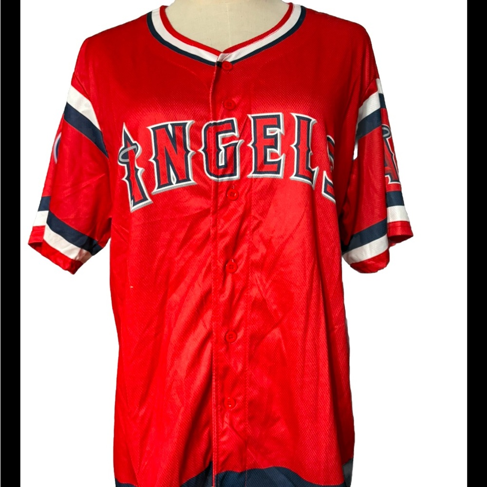 Angels Salvadoran Heritage Day  Adult Medium Red Button Up Jersey, sixth man